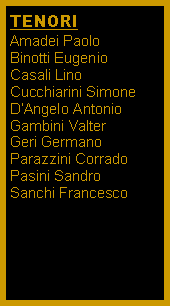 Casella di testo: TENORIAmadei Paolo
Binotti EugenioCasali LinoCucchiarini SimoneDAngelo AntonioGambini ValterGeri GermanoParazzini CorradoPasini SandroSanchi Francesco